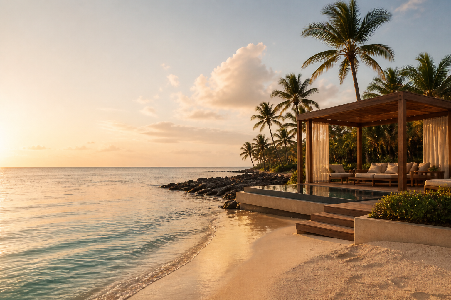 Mar Caribe y cabana de resort al atardecer