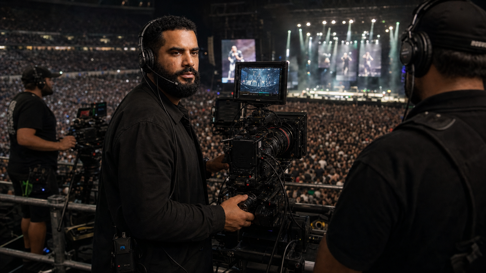 Kumar dirigiendo la grabación audiovisual de un evento en un estadio